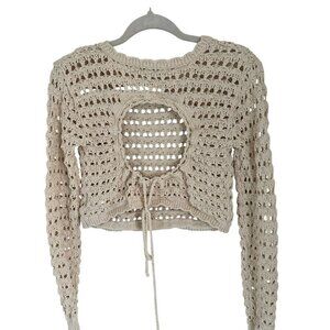 Free People Beach Crop Top Crochet Knit Open Back & Adjustable Tie Beige Long Sl